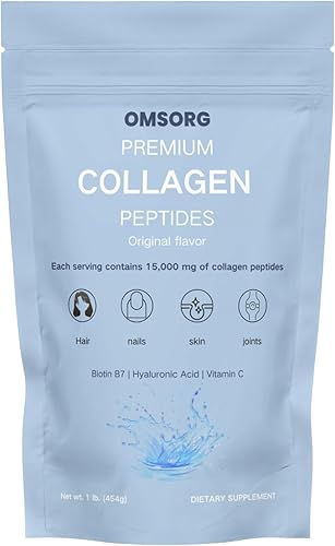 OMSORG Grass-Fed Hydrolyzed Collagen Peptides Powder 454g  15g per Serve  unflavored Gluten Free  Keto  Halal  Non GMO  Hair, Skin, Nails, Joints &