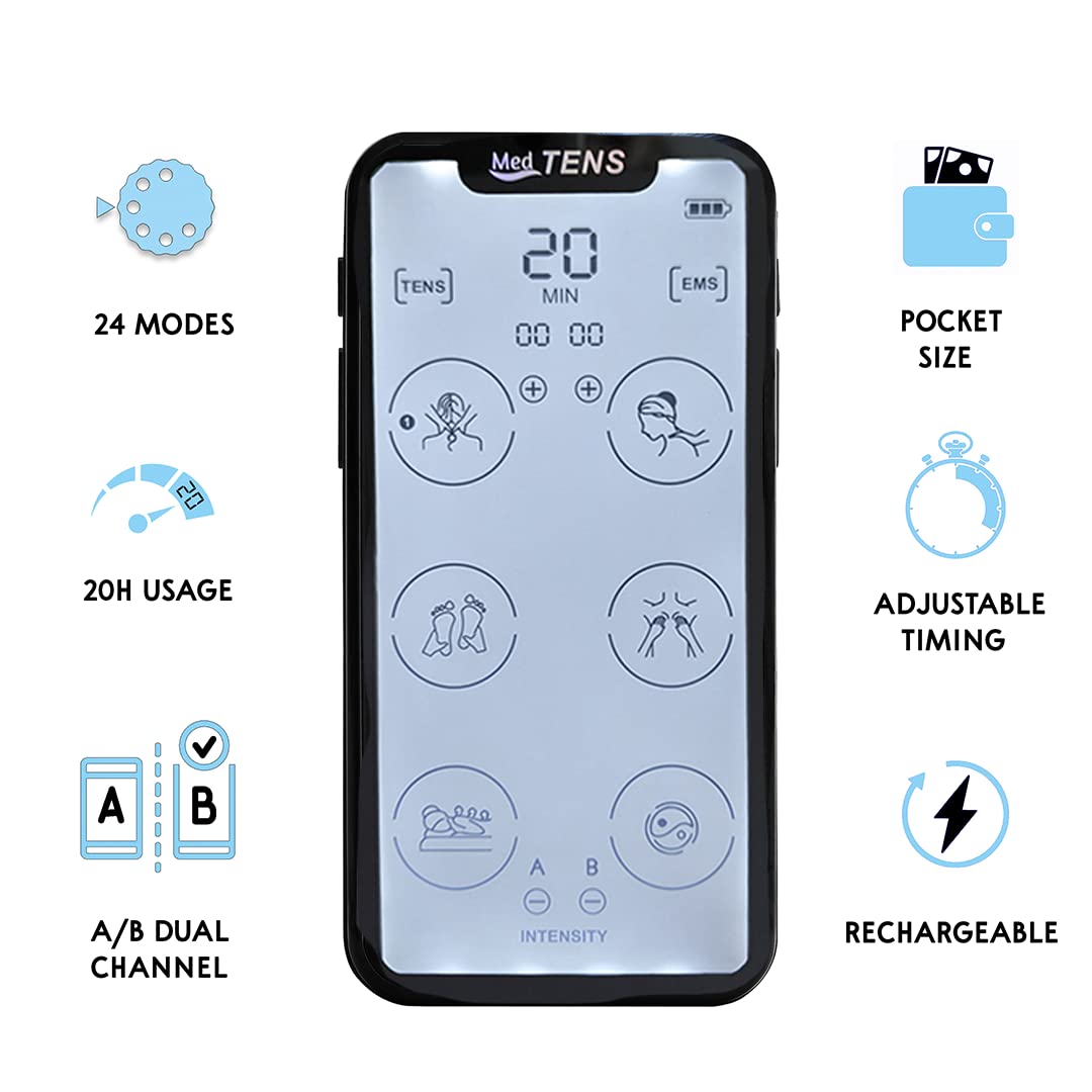 MedTens Tens Unit EMS Muscle Stimulator Touchscreen Rechargeable Tens Machine Device 24 Massage Modes 8 Large Replacement Pads Dual Channel Pain Relief Therapy Pulse Therapy Device