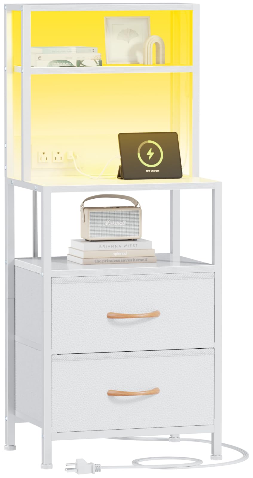 Furnulem Night Stand, Tall White Nightstand with 4-Tier Shelves, 2 PU Fabric Drawers and Light Tube, Bed Side Tables with Charging Station, Bedside