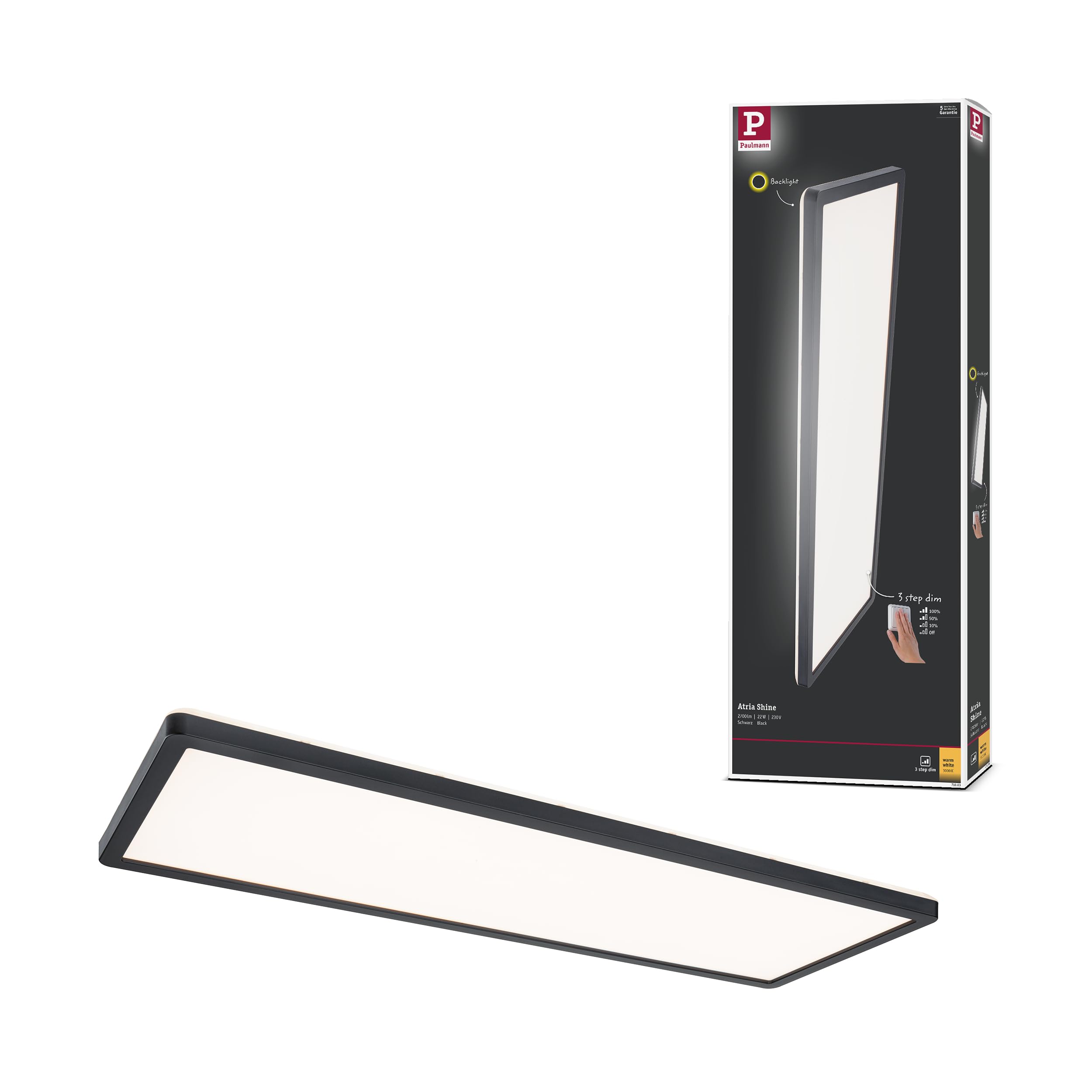 Paulmann 71003 LED Panel Atria Shine 3-Step-Dim eckig - Dimmbar Warmweiß Lichtpanel Kunststoff Deckenpanel 3000 K, Schwarz, Incl. 1x22 W, 580 x 200 mm