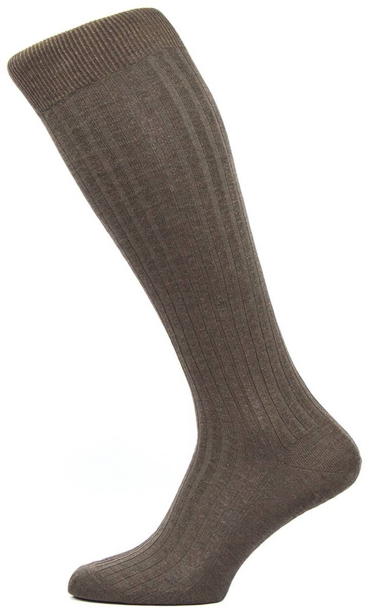 Pantherella Men's Brown Danvers Rib Over The Calf Cotton Lisle Socks - Dark Mix - Medium