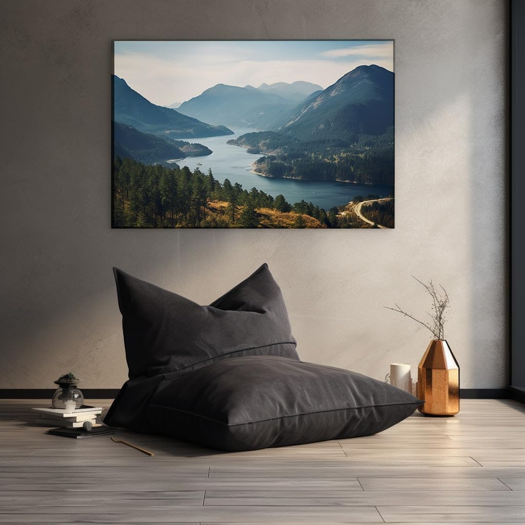 Canvas for Living room. Riverside Serenity in the Mountain's Embrace, 27 x 18 inch Canvas Wall Art - Contemporary Masterpieces - Modern Home Decor