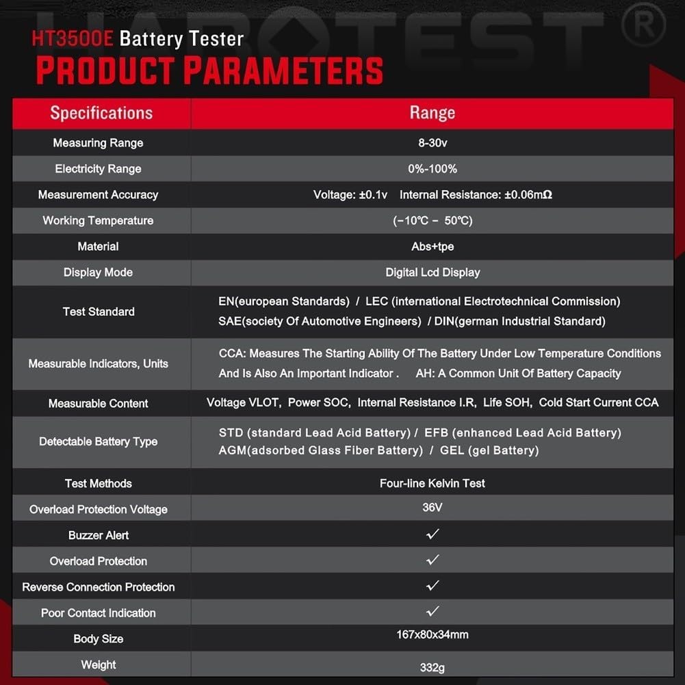 Tester per batteria auto 12V 24V display LCD per cca test auto tester batteria | Misura CCA, SOC, tensione, resistenza interna; ideale per auto, camion, moto, camper