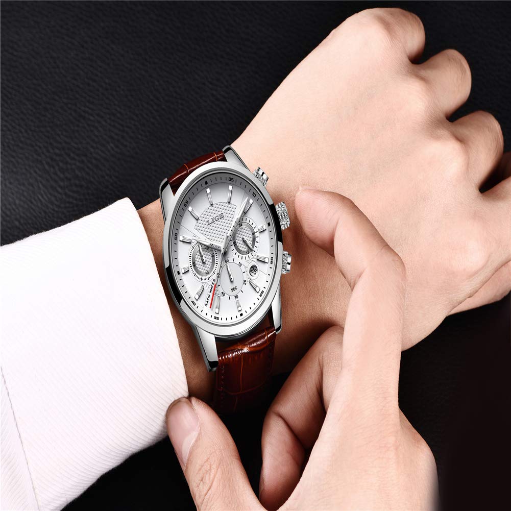 LIGE Relojes Hombre Cronógrafo Analógico Cuarzo 3bar Impermeable Pulsera de Cuero Deporte Watch Business Casual Relojes de Pulsera Regalo Elegante Marrón Blanco