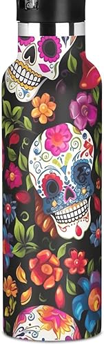 Botella de agua para niños con popote para la escuela, botella de agua aislada a prueba de fugas, 20 onzas, sin BPA, calavera de azúcar floral