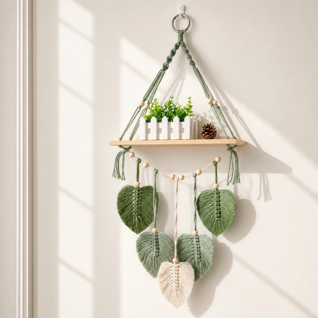 Macrame Hanging Shelf Boho Wall Decor, Handmade Cotton Rope Rustic Wood Floating Storage Shelf for Bedroom Bathroom Living Room Nursery Dorm Room, Display Shelving for Hanging Plants Photos