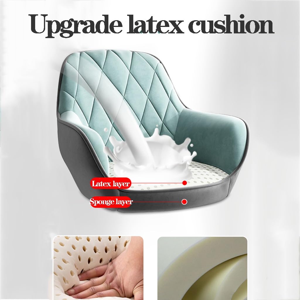 Poltrona girevole, sedia imbottita per sala da pranzo e ufficio, senza ruote, gambe in legno, elegante sedia per il trucco in tessuto blu per piccoli spazi