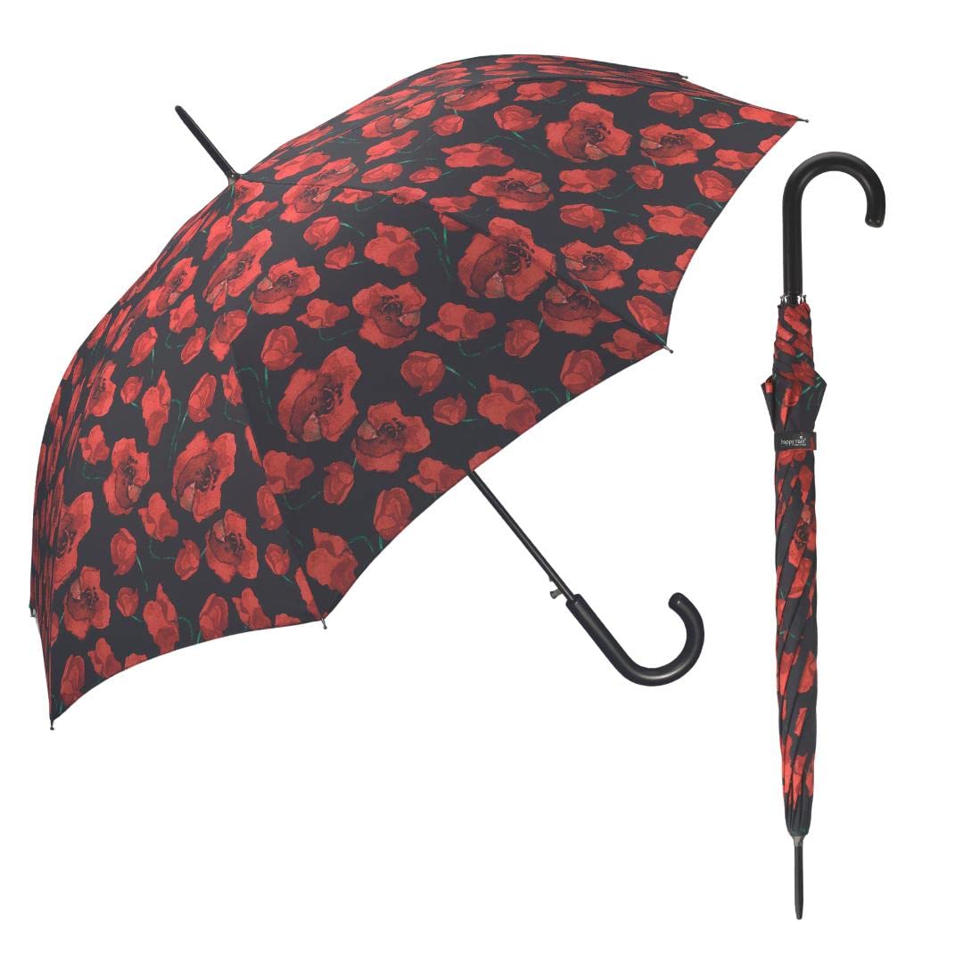 Happy Rain Paraguas de mujer largo- Sistema Antiviento- Ligero-Práctico- Estampado Flores rojas-Diámetro 102cm (Negro)