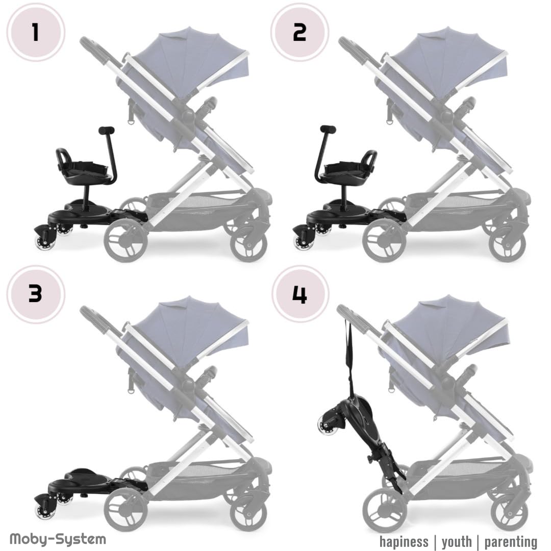 Moby-System, Board mit Sitz für Rollstühle mit Sitz Universelle Plattform für ältere Kinder, Leuchtende LED-Räder mit Stoßdämpfung passend für jeden Kinderwagen