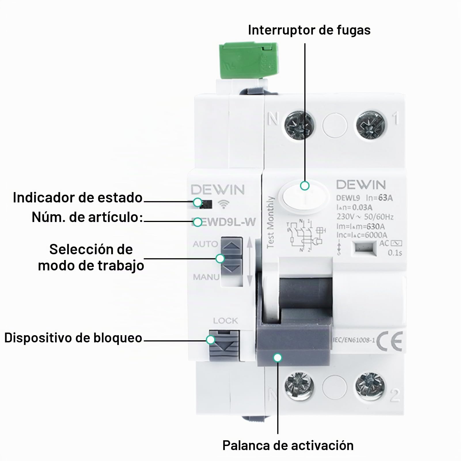 DEWIN WiFi Interruptor Diferencial 63A 30mA, MCB/RCCB Magnetotermico 63A Inteligente WiFi Disyuntor Diferencial, Controla manualmente el reinicio y la desconexión mediante la aplicación