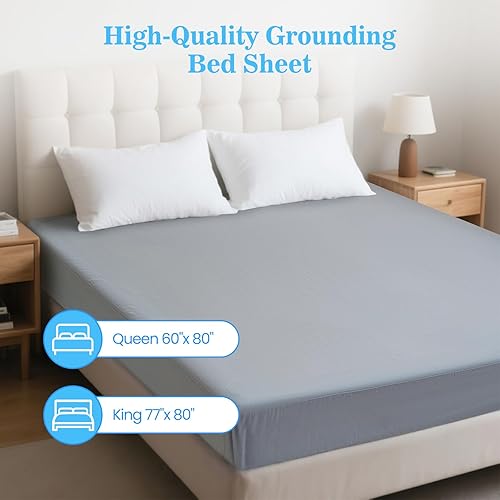 Miniatura 6 de Grounding Sábanas tamaño Queen, 95% algodón orgánico + 5% fibra plateada pura, sábanas conductoras a tierra para un mejor sueño con cable de tierra,
