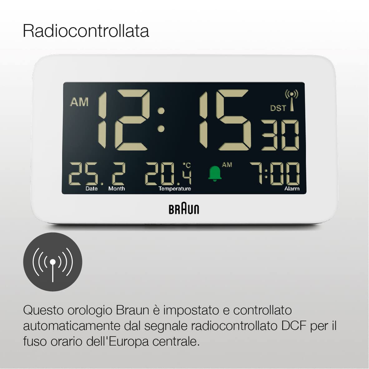 Braun Sveglia digitale, radiocomando per il fuso orario dell'Europa centrale (DCF), con visualizzazione di data, mese e temperatura, sveglia acustica, bianca, modello BC10W-DCF.