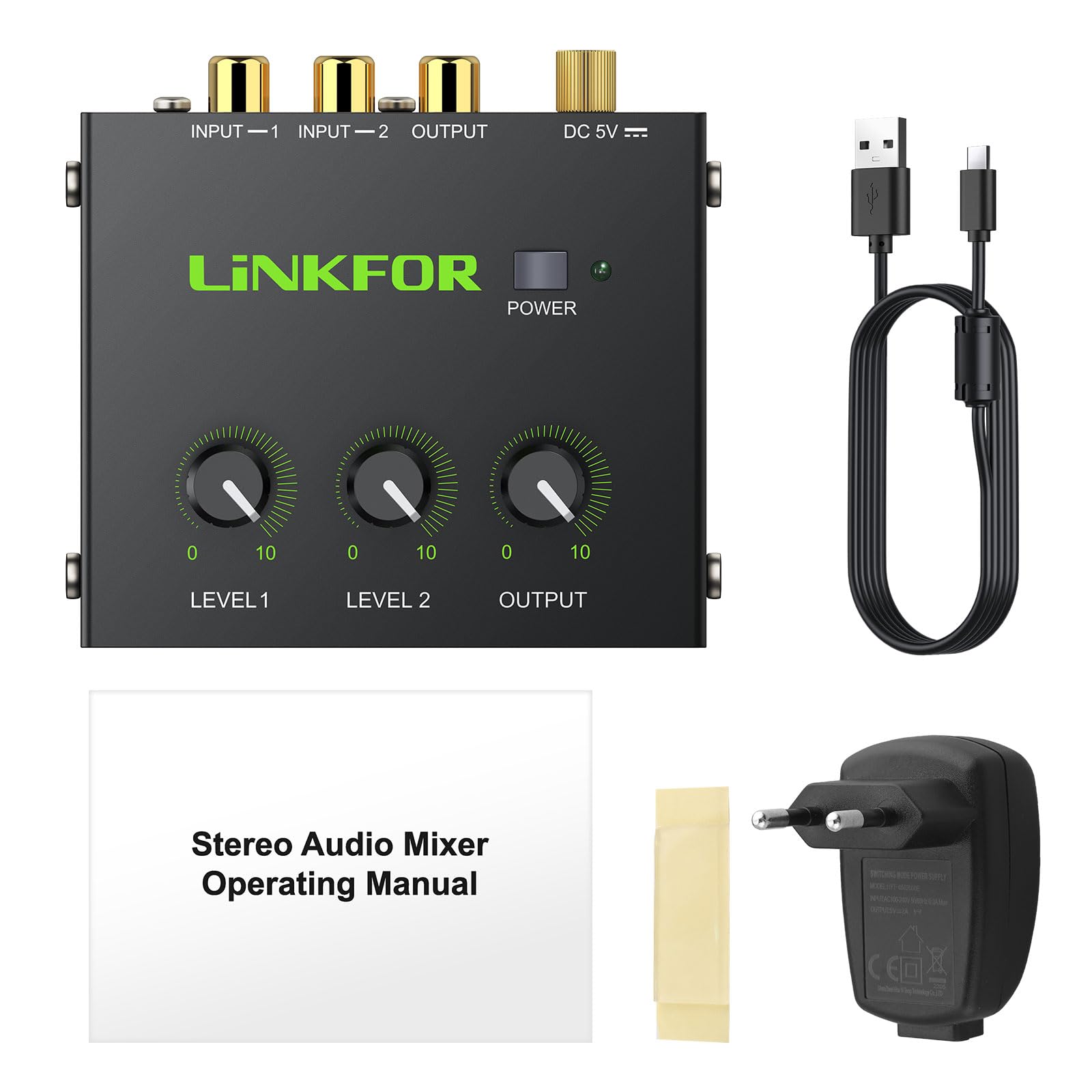LiNKFOR Mixer Audio Stereo 2 Canali Attivo Basso Rumore, Audio Stereo RCA Compatto con Connettori Dorati, Mixer RCA 2 Canali con Controllo Volume Indipendente per PC/TV/Game