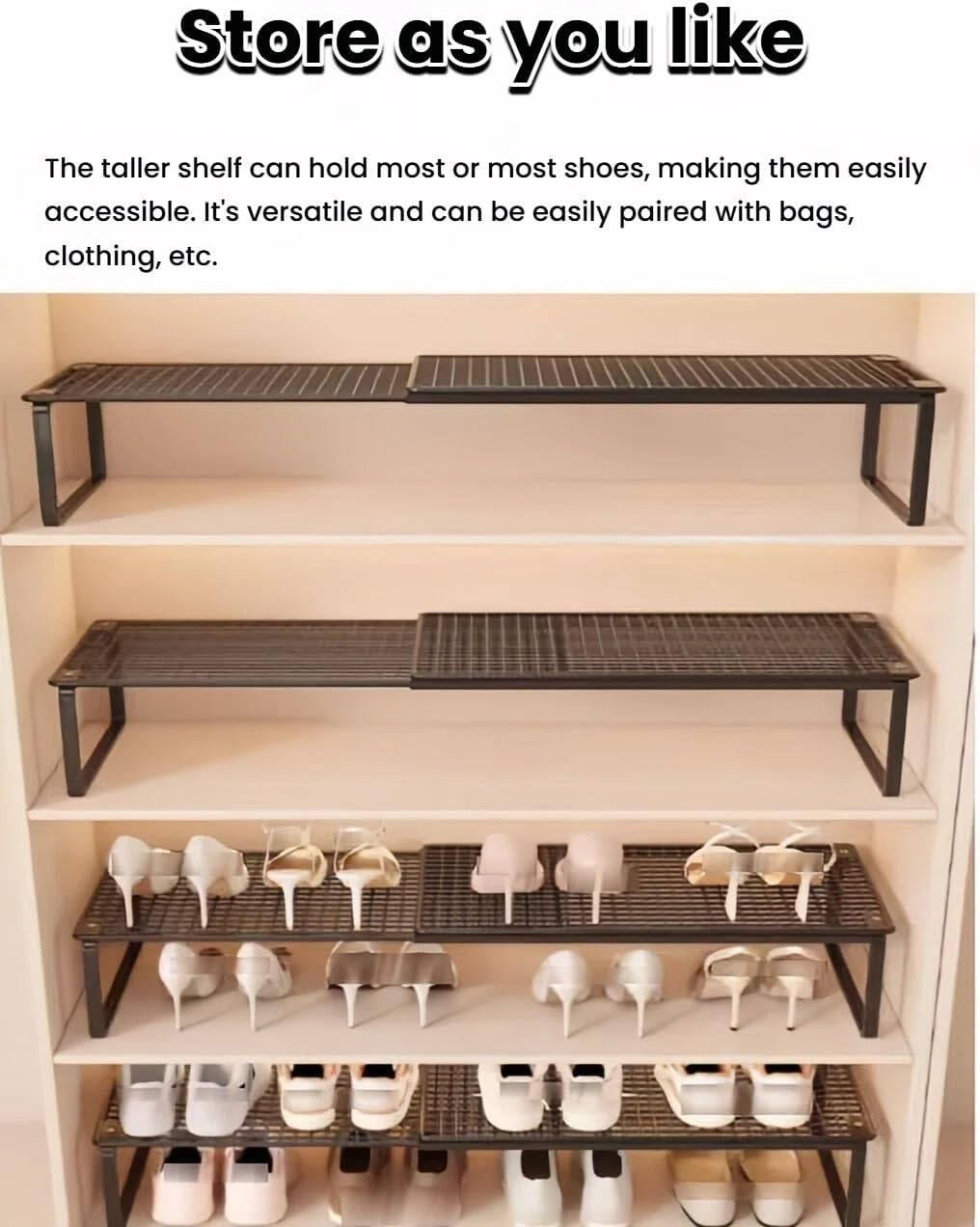 Extendable Shoe Shelf,Telescopic Closet Divider,Stackable Organiser for Wardrobe Hallway Kitchen Storage Utility Room(Milk,S-27x15 cm)
