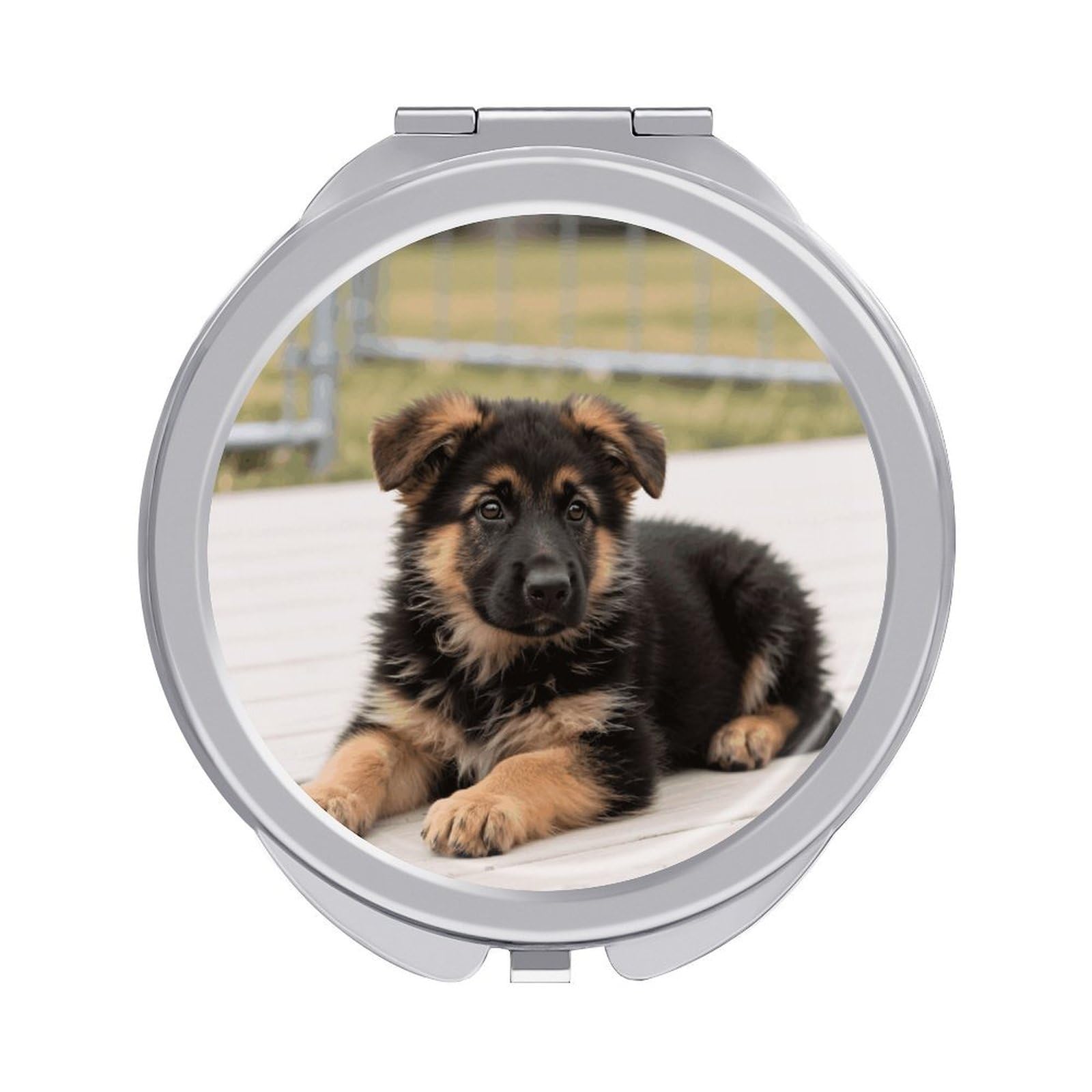 Compact Hand Mirror with 1x/2x Magnifying Round Travel Makeup Mirror Mini Foldable German Shepherd Puppies Cosmetic Mirrors Travel Essentials Gift for Women Girl Portable for Pocket Purse -Silver