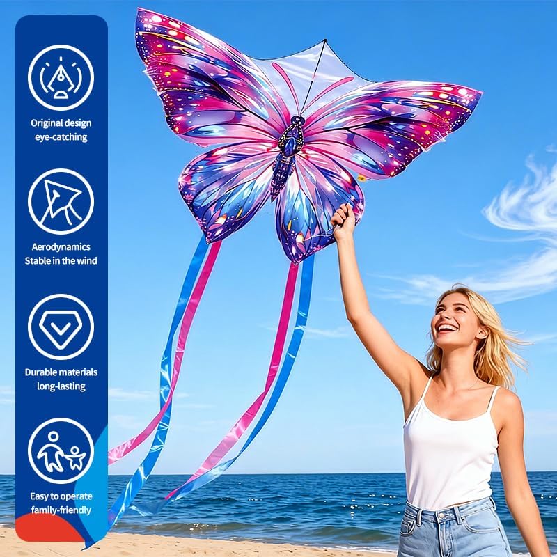 XIAOYAOJIN Butterfly Kite for Kids Ages 4-8 & Adults, 31x22 Large Beginner Easy to Fly Beach Kite, Includes 300ft Line Handle, Outdoor Family Fun, Great for Kids Boys Girls.