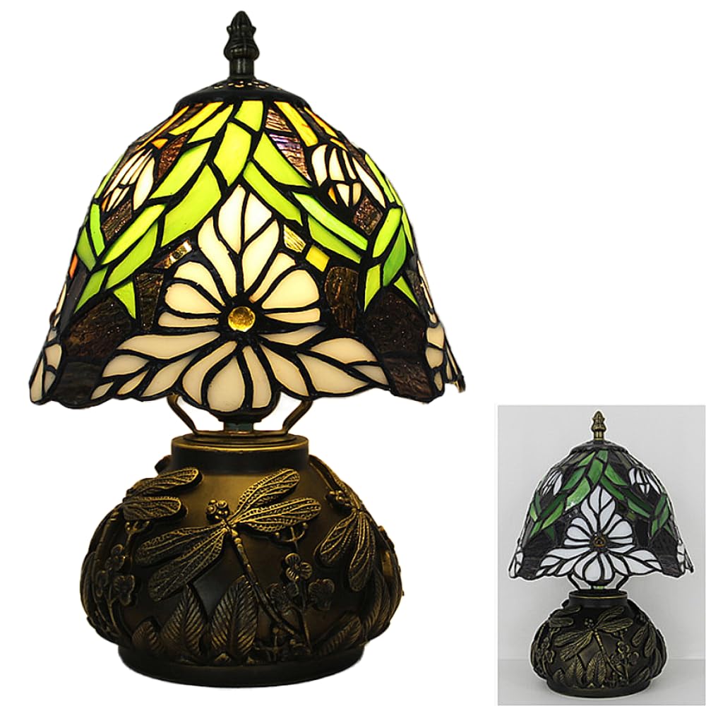 XINYASEE Tischlampe im Tiffany-Stil – pilzförmiger Lampenschirm aus Buntglas, Sockel mit Libellengravur, Retro-Nachttischlampe für Schlafzimmer, Wohnzimmer, Heimdekoration (Blumen-B)