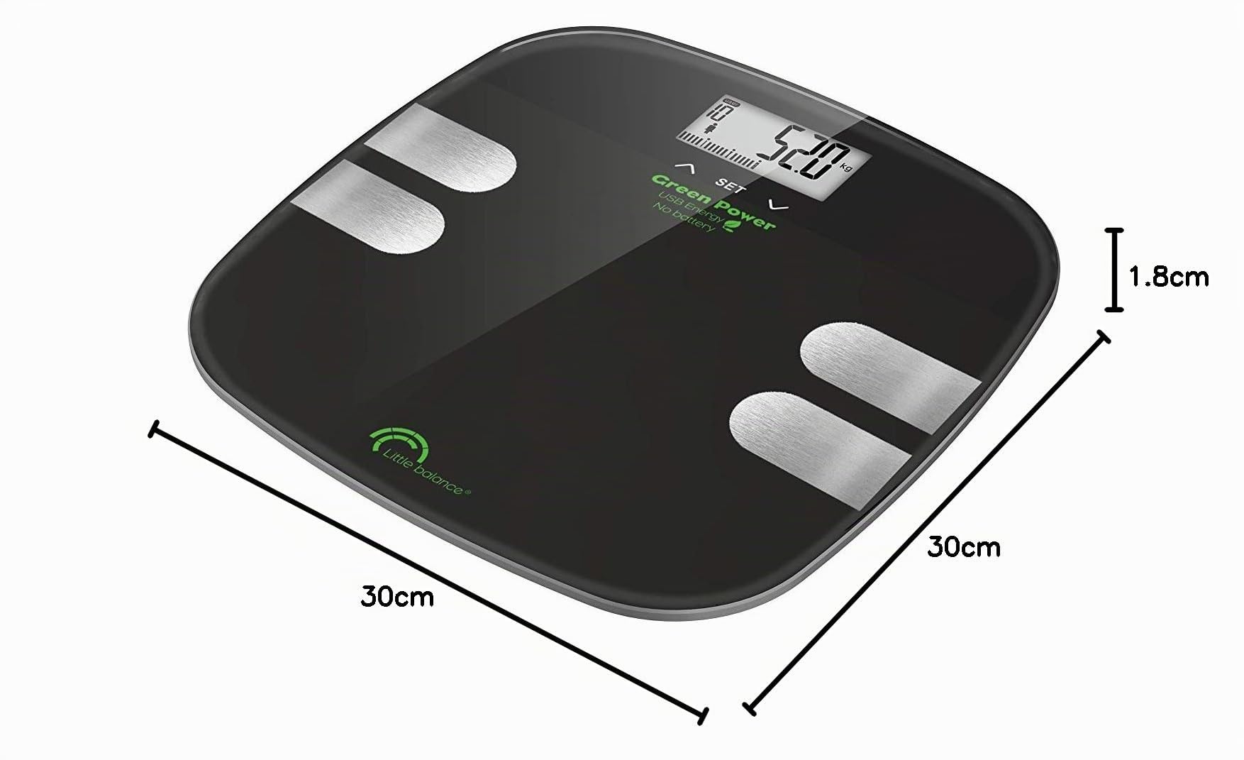 LITTLE BALANCE - Pèse-personne / Impédancemètre sans pile - Rechargement USB - Analyse votre composition corporelle (poids, IMG, Eau, Masse osseuse, musculaire..) - Multi utilisateurs
