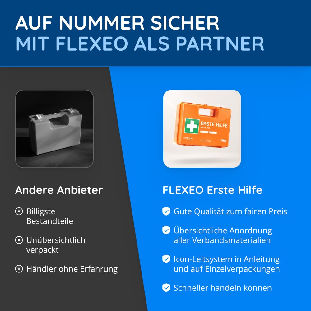 FLEXEO ÖNORM Z1020 - Valigetta di pronto soccorso per l'Austria, con supporto da parete, adesivi, adesivi di prova e piombo, kit per medicazioni per aziende, aziende, ufficio e casa