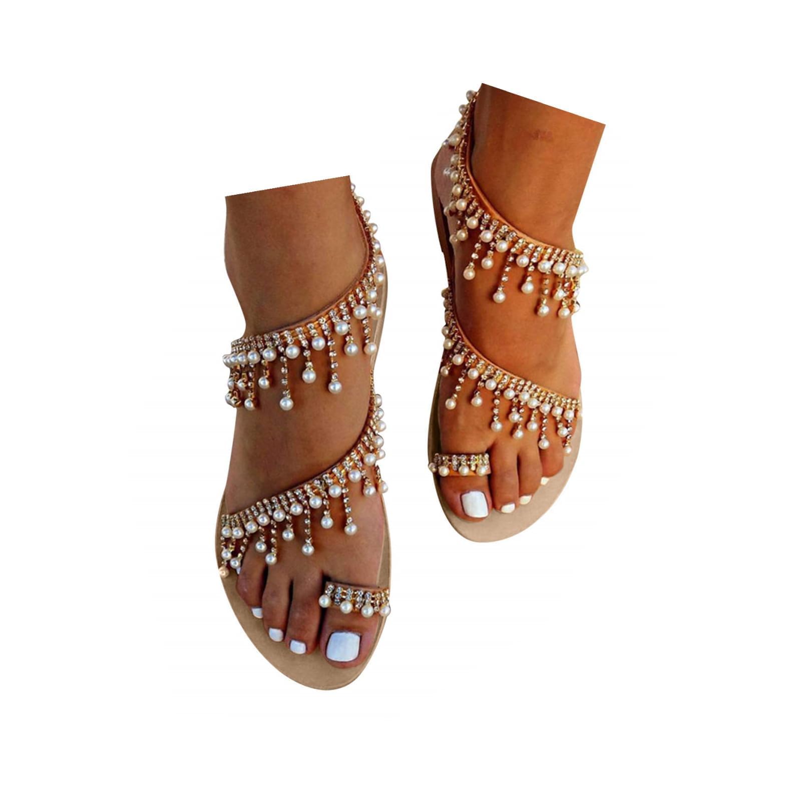 Rhinestone Sandals For Women 2026,Pearl Sparkly Ankle Strap Toe Ring Sandal Flats Slip On Flip Flop Wide Width Slippers Dressy Summer Bohemian Comfortable Beach Wedding Shoes For Bride