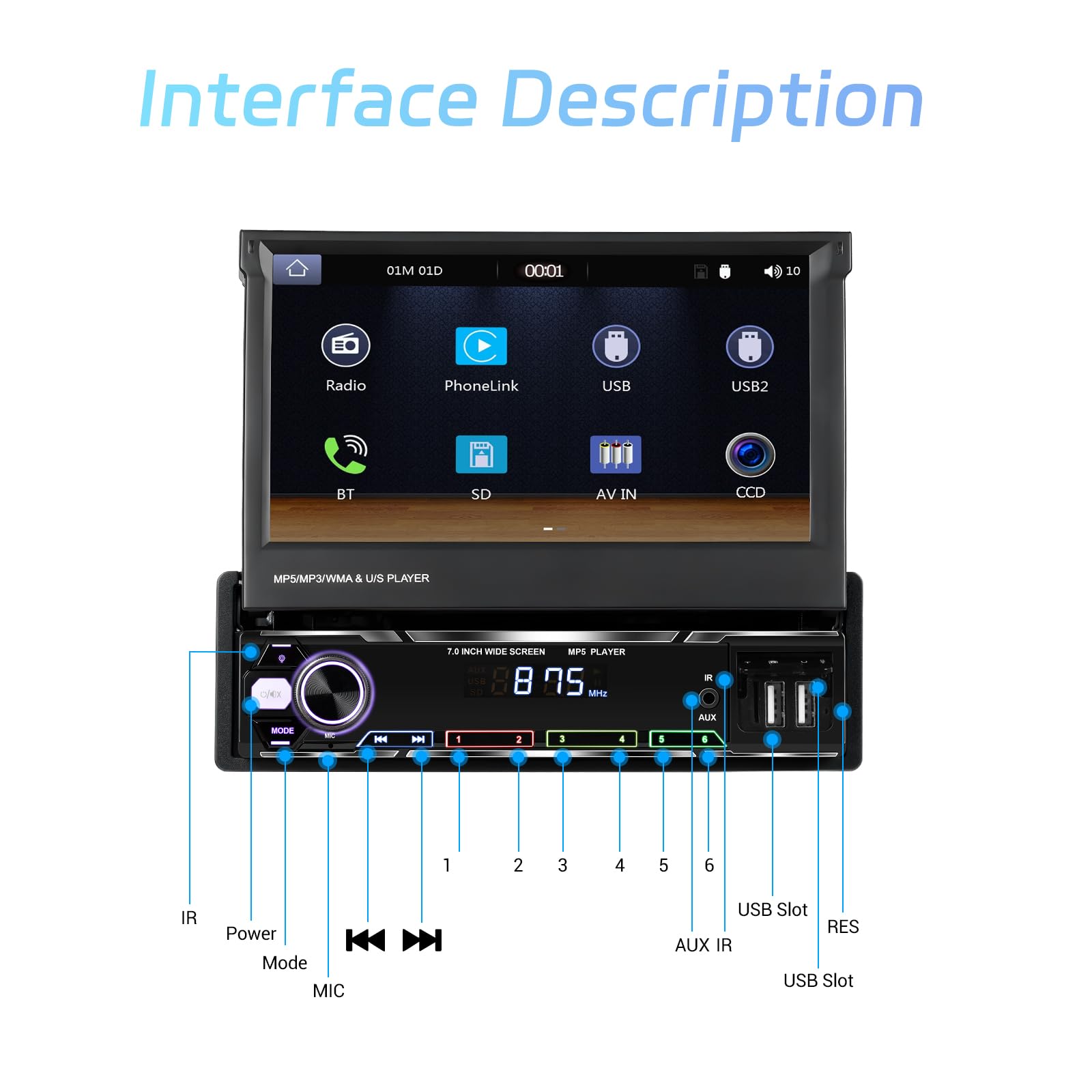 Rimoody Autoradio 1 Din Wireless Carplay Android Auto con 7 Pollici HD Schermo Touchscreen Ribaltabile Autoradio con Bluetooth GPS Navi Mirror Link FM/AM/RDS Radio TF/USB/AUX Telecamera Posteriore