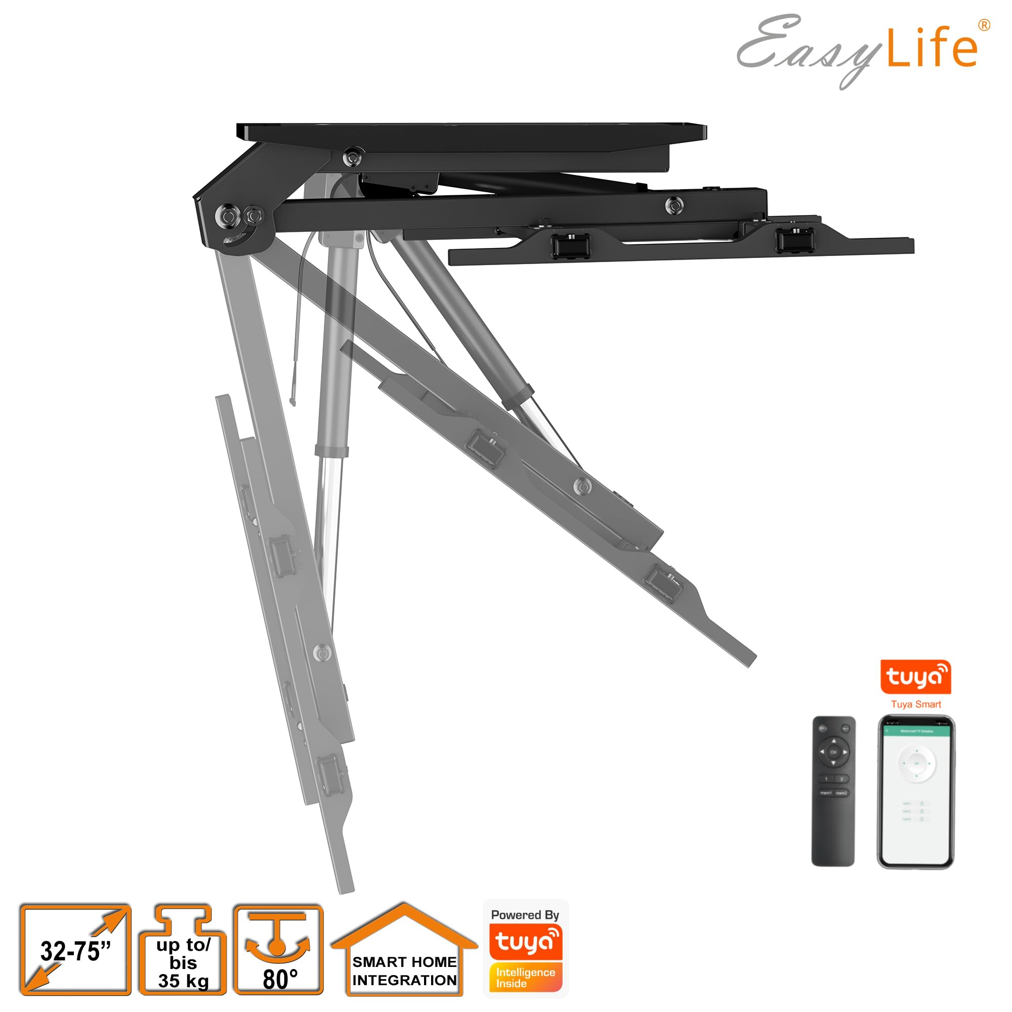 EasyLife - Uchwyt sufitowy do telewizora V2 Smart Home, elektrycznie wychylny, integracja Smart Home, od 37 do 75 cali, uchwyt VESA do 600 x 400 cm, do telewizorów LCD/OLED, monitora, wyświetlacza