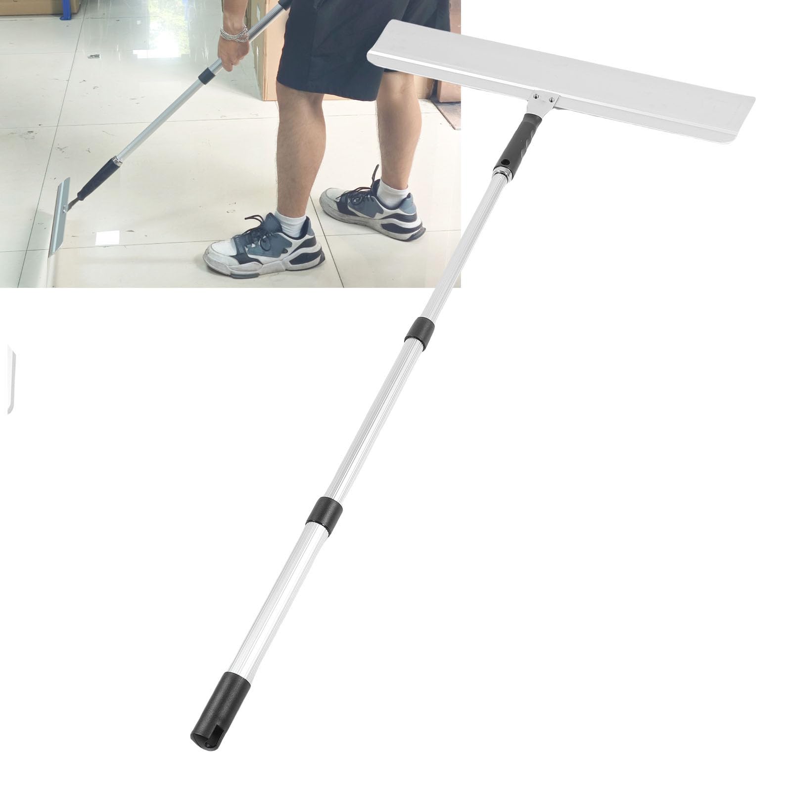 Walfront Rascador de Cemento Autonivelante, Escurridor de Cemento, Herramienta para Revestimiento de Pisos, 24 Pulgadas, 3 Raspadores, 6 Mm, Cuadrado y Dentado en V, Poste Telescópico