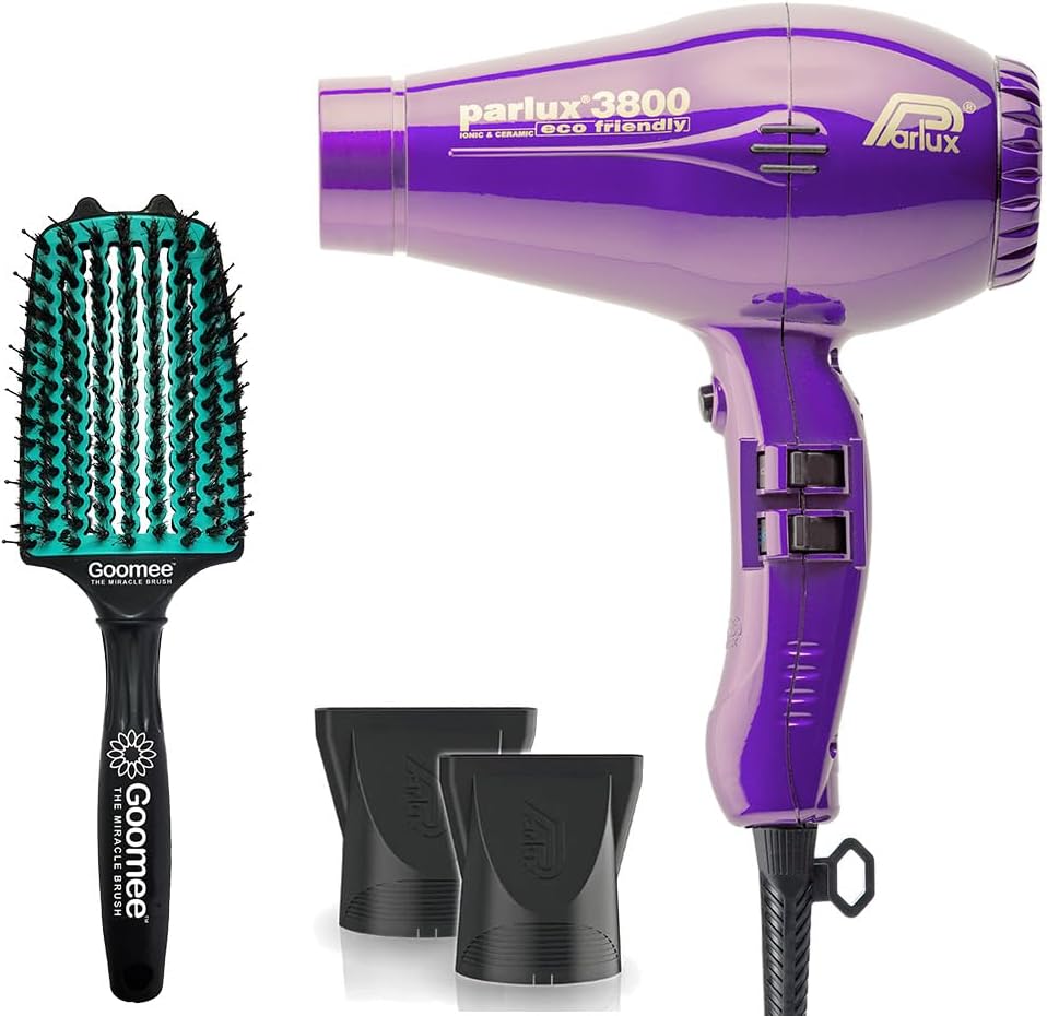 Parlux 3800 Eco Friendly Ionic and Ceramic Violet Hair Dryer and Miracle Large Detangling Brush Mint Green – Professional Blow Dryer and Dual Bristle Brush for Smooth, Shiny, Frizz-Free Hair