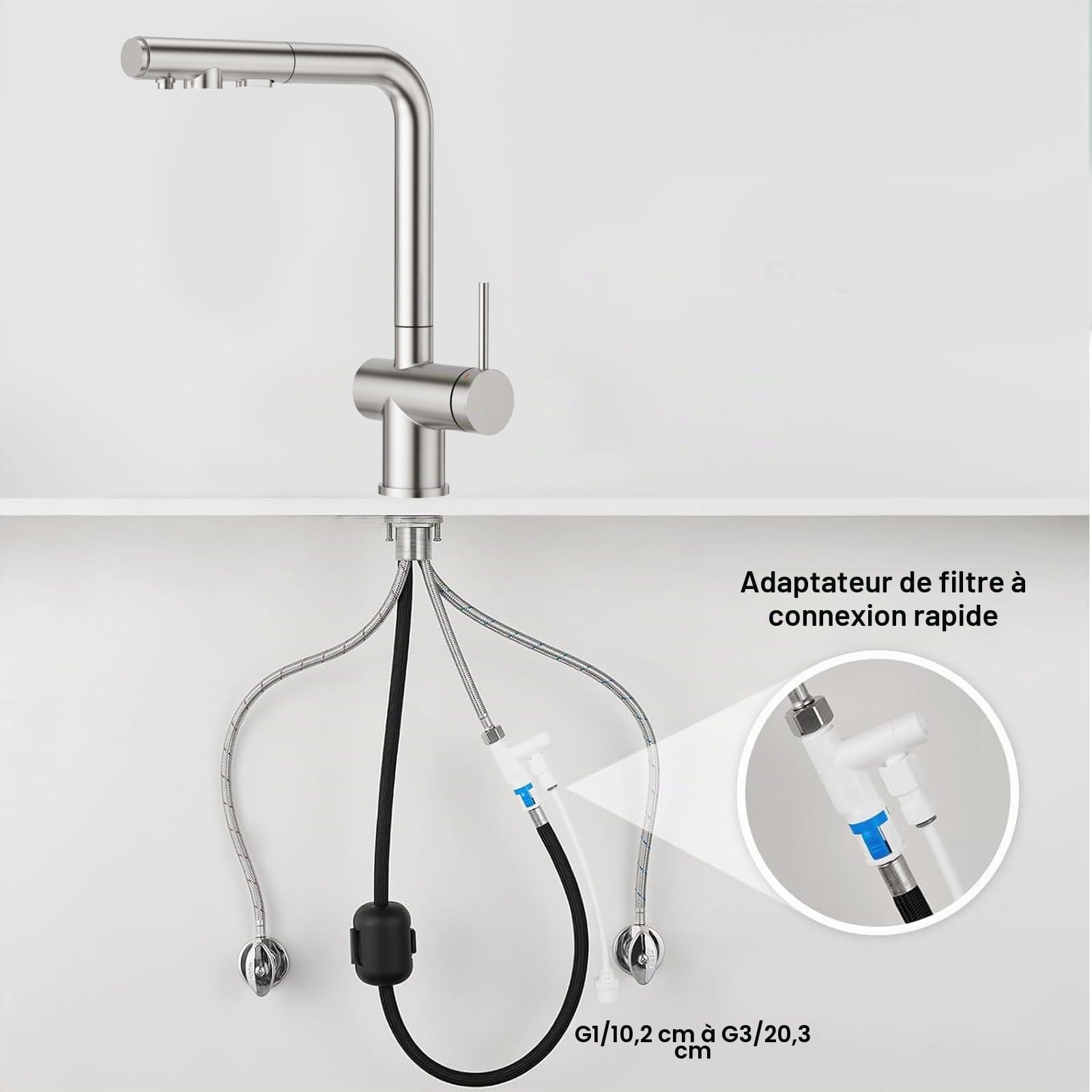 Faustina Robinet de cuisine 3 voies avec douchette extensible, mitigeur monocommande Robinet d'évier Robinet d'eau potable Cuisine pour osmose inverse et filtre à eau en acier inoxydable brossé