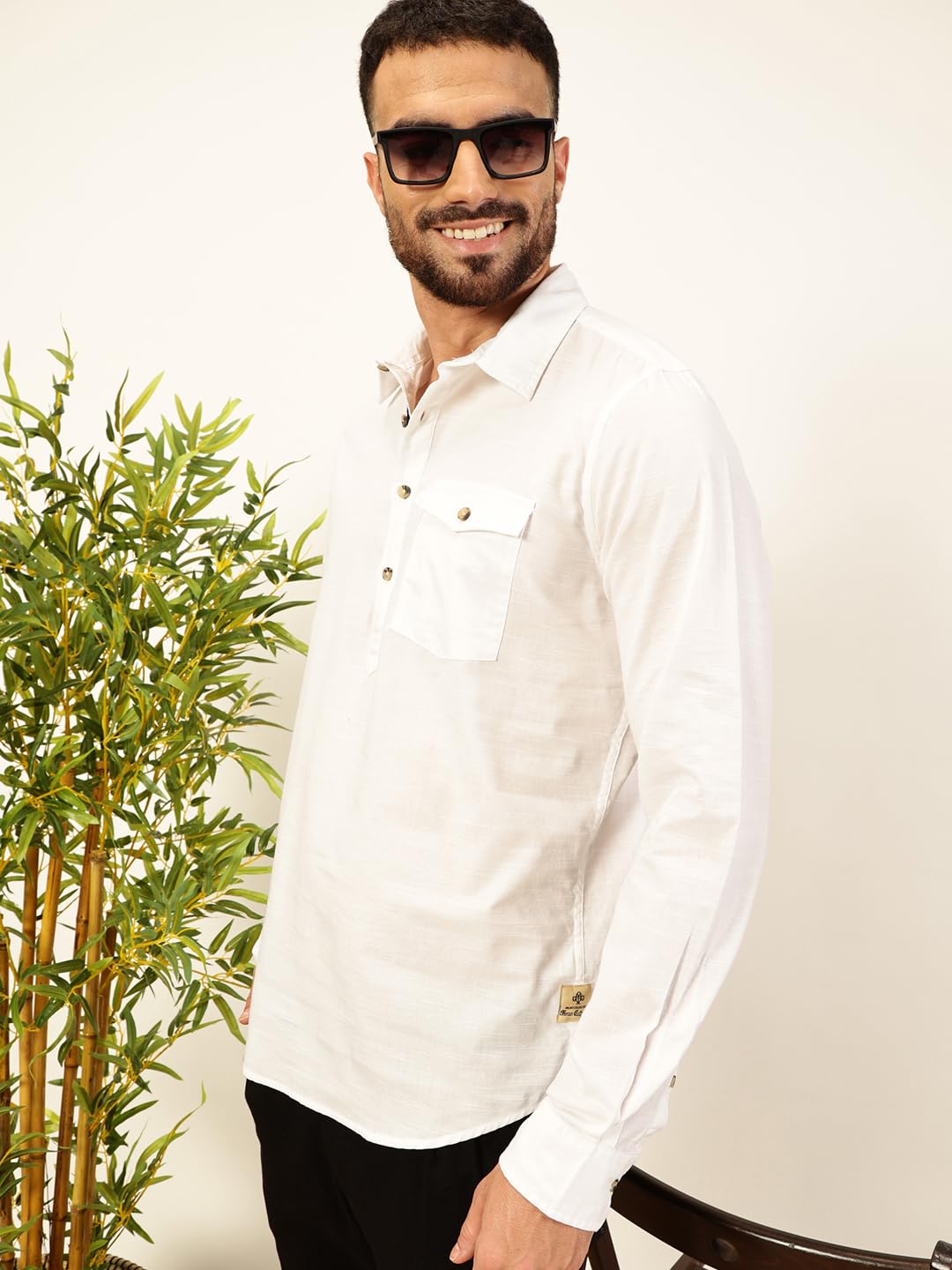 Thomas Scott Men Solid Cotton Linen Kurta Shirt (Ts1531_White, L)