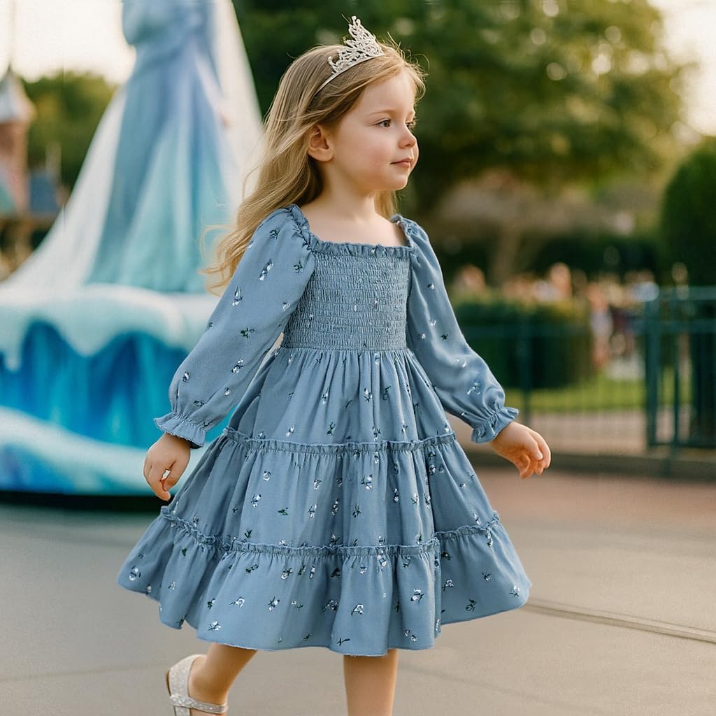 Toddler Girl Dress Long Sleeve Baby Floral Smocked Square Neck Playwear Dress | Spring Fall Casual Dresses 1-6Y