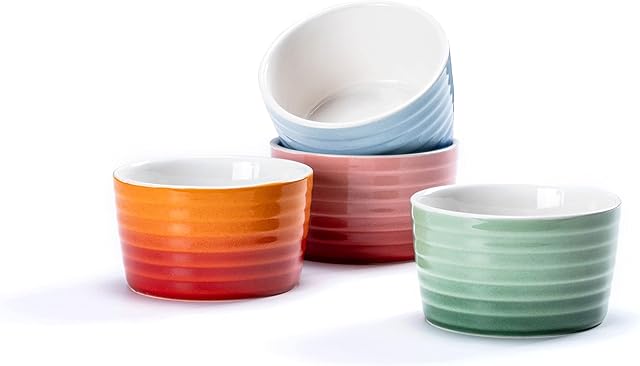 Ramekins Souffle Dish, Set of 4 Stoneware Baking Dishes for Muffin, Cupcakes, Pudding, Oven Safe Bowl Baking Serving - 240ml, Suitable for Oven Microwave - 4 Colors