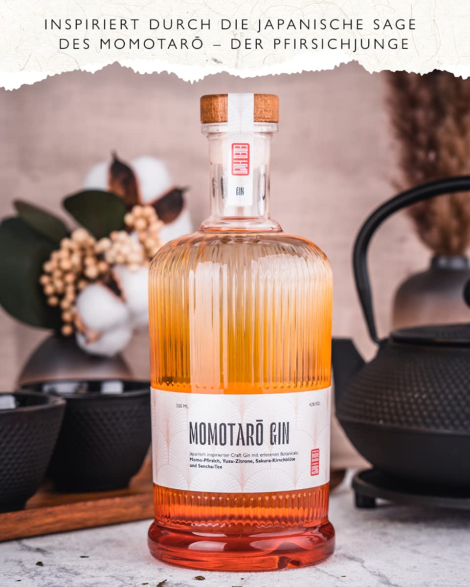 Momotarō Gin mit japanischen Botanicals: Momo-Pfirsich, Yuzu, Sakura, Sencha, 42% vol. (1 x 0.5 l) Vegan - Ideal als Geschenk!