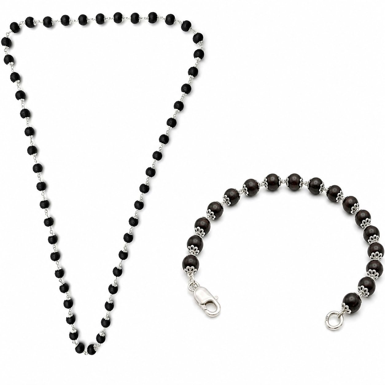 Karungali Mala & Bracelet Set — Natural Black Ebony Karungali Beads with German Silver Coating, Hand-Strung Rudraksha-Style Japa Necklace — Adjustable Bracelet, Unisex-image-38