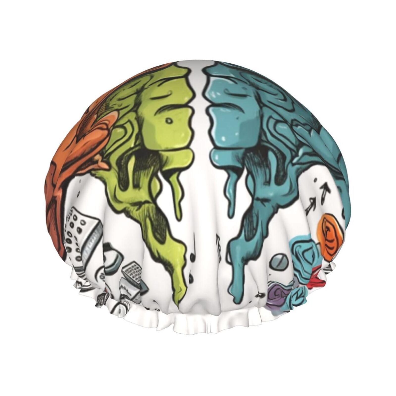 Left and right brain functions Shower Cap for Women Reusable Waterproof Shower Bonnet Washable Elastic Band Bath Hair Hat Double Layered Bath Cap Extra Large for Long Hair