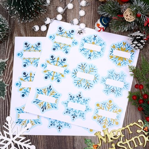Image of Whaline 90Pcs Christmas Winter Name Tag Stickers Blue Gold Snowflake Shape Nameplates Xmas Self-Adhesive Gift Label Decals for Holiday Present Students Desk Classroom, 9 Designs