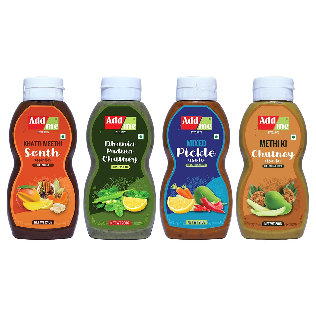 Add me 4 in 1 Chutneys of Khatti Meethi sonth Chutney + Dhania Pudina Sauce + Mixed Pickle + Mango Methi Dana Pickles | 200-240G Each Pack | Classic Indian Chutneys Travel Pack (B089NJ42RG) Amazon Price History, Amazon Price Tracker