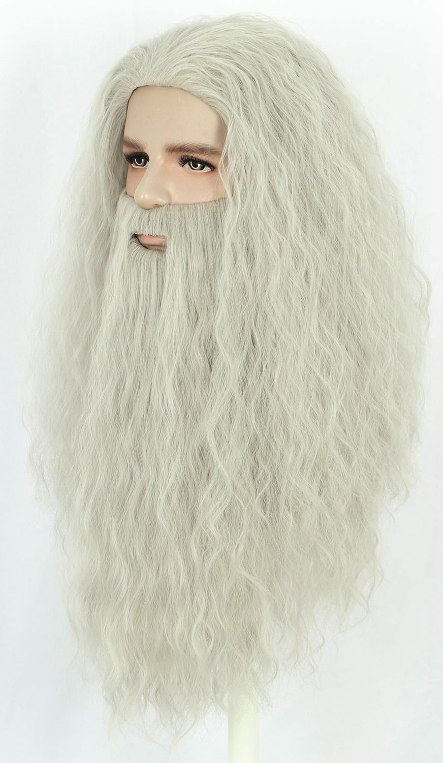 karlery Men Long Curly Grey Wizard Wig and Beard Halloween Cosplay Costume Accessory Wig, gray, 54-62 cm - Image 2
