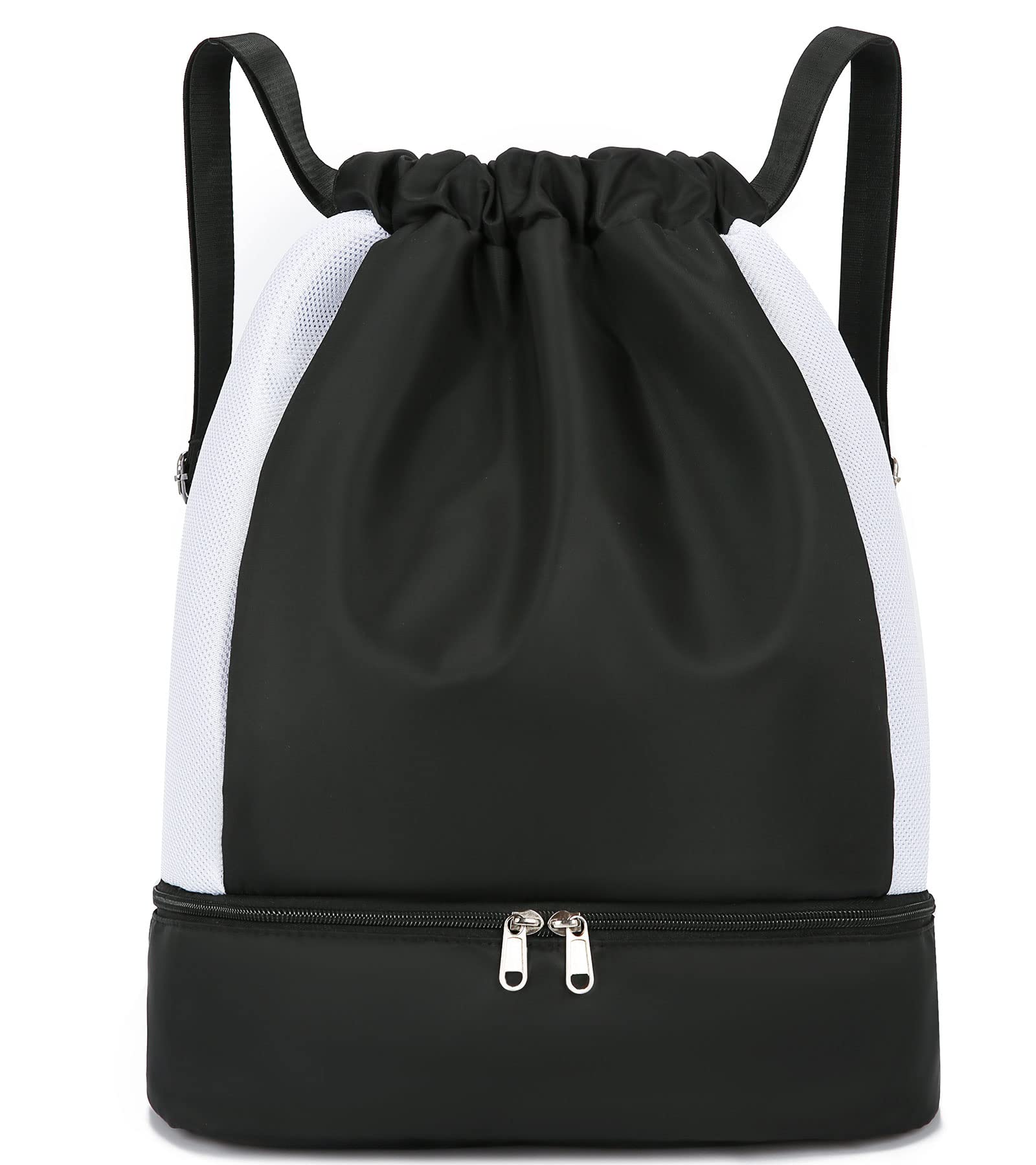 Keyck Bolsas de Cuerdas Mochila Mujer Hombre, Gym Sack Impermeable Saco Gimnasia con Compartimento Zapatos y Bolsillo Húmedo, Oxford Drawstring Backpack Para Deporte Playa Escuela Viajes, Negro