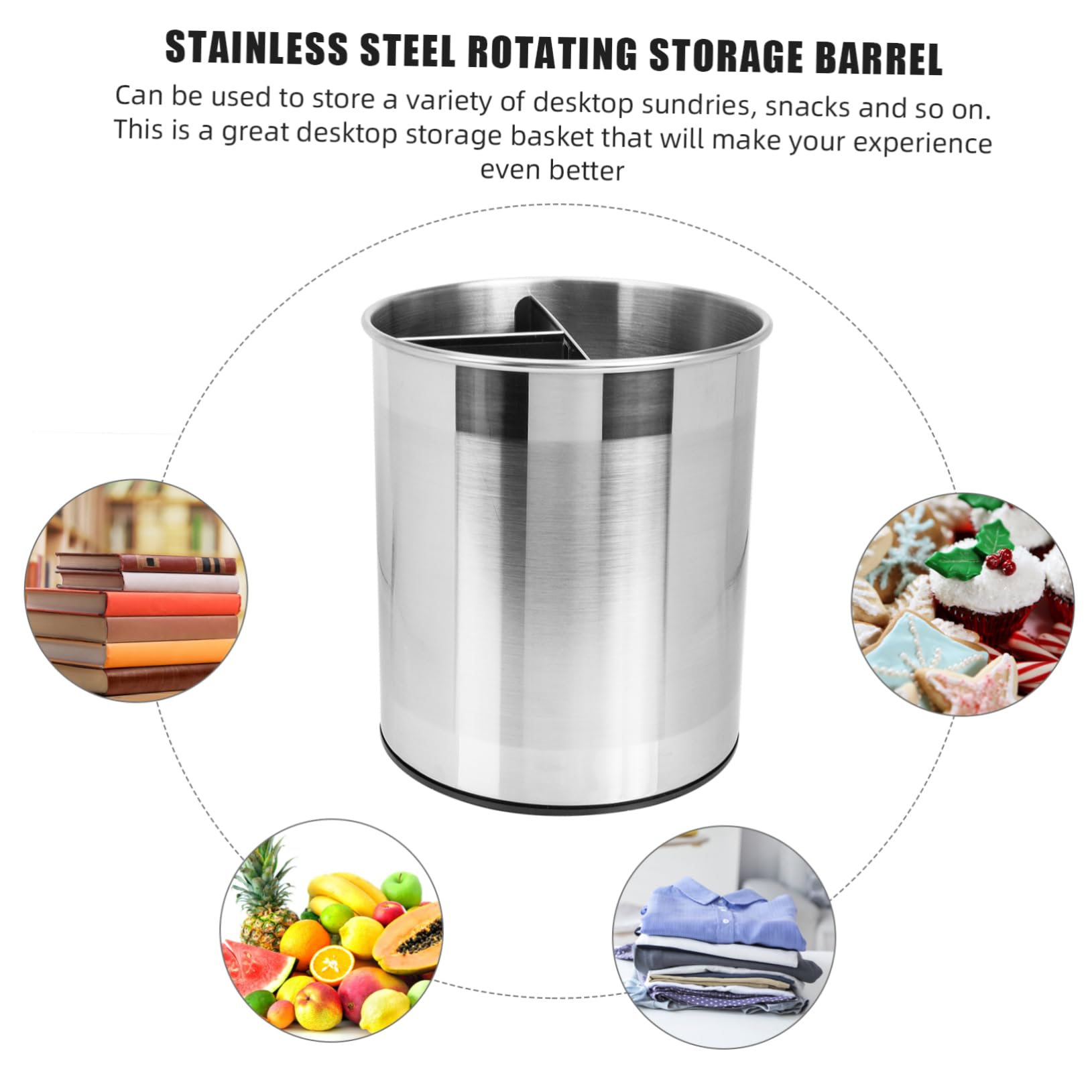 Angoily Porte-ustensiles Cuisine Rotatif Acier Inoxydable Seau à Couverts Multi-compartiments pour Rangement Pratique