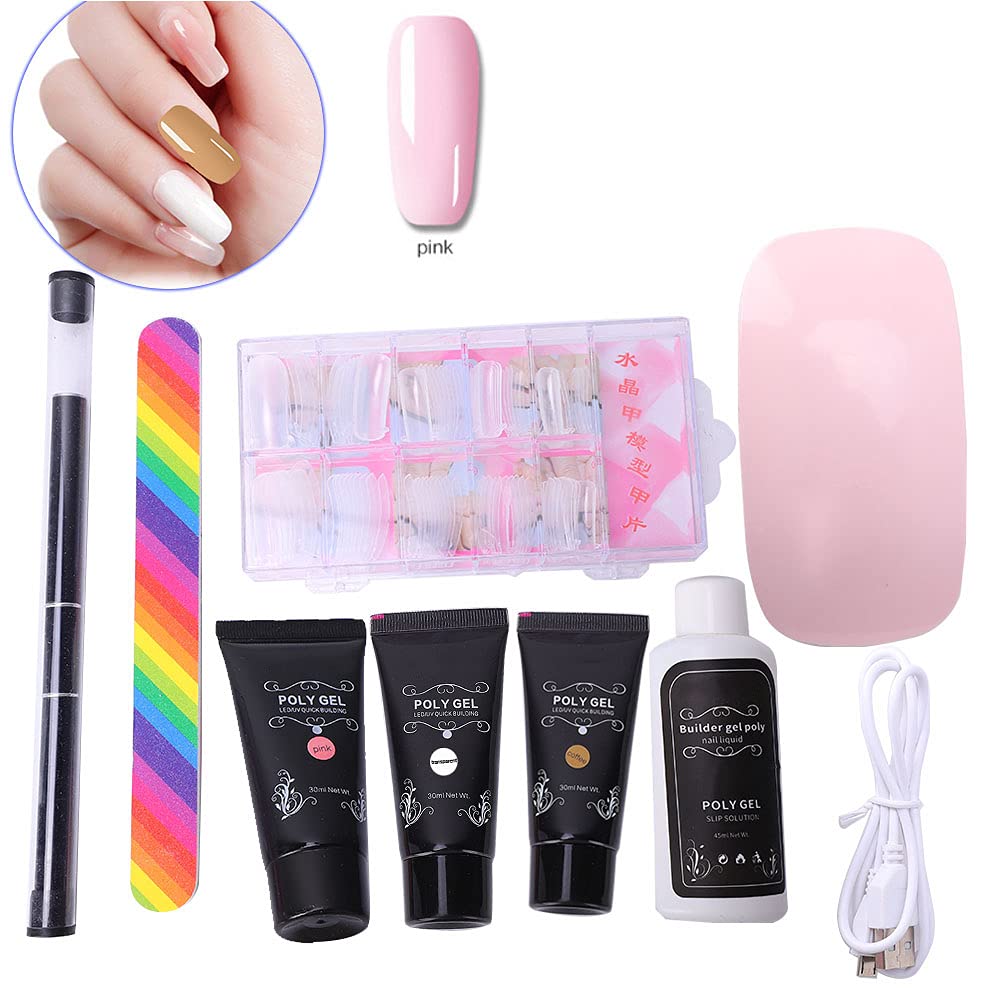 Set di strumenti per nail art con lampada essiccatrice, colla per extension e gel modellante; kit completo per manicure su unghie naturali o artificiali, incluso lima arcobaleno e (Rosa)