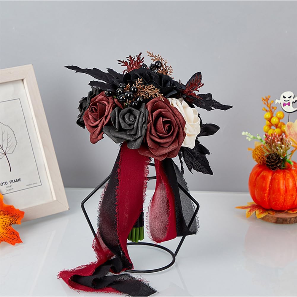Wedding Bouquets for Bride and Bridesmaid - Black and Burgundy Gothic Bridal Flowers, Artificial Rose Bouquet