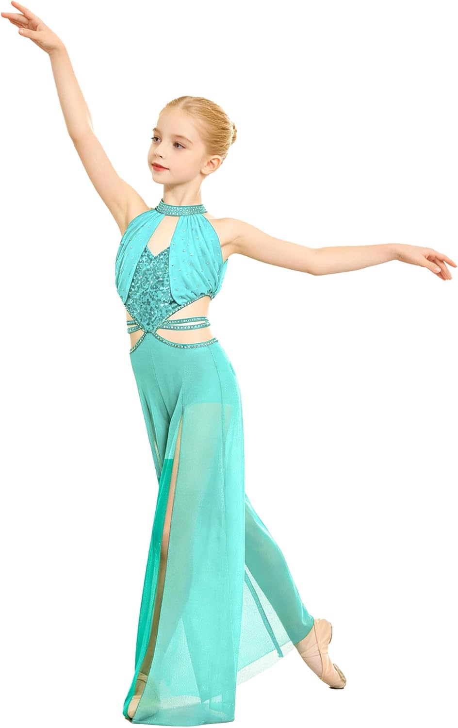 FEESHOW Girls Sequin Lyrical Dance Jumpsuit Sparkly Figure Skating Leotard Sleeveless Halter Ballet Leotard for Stage Recital