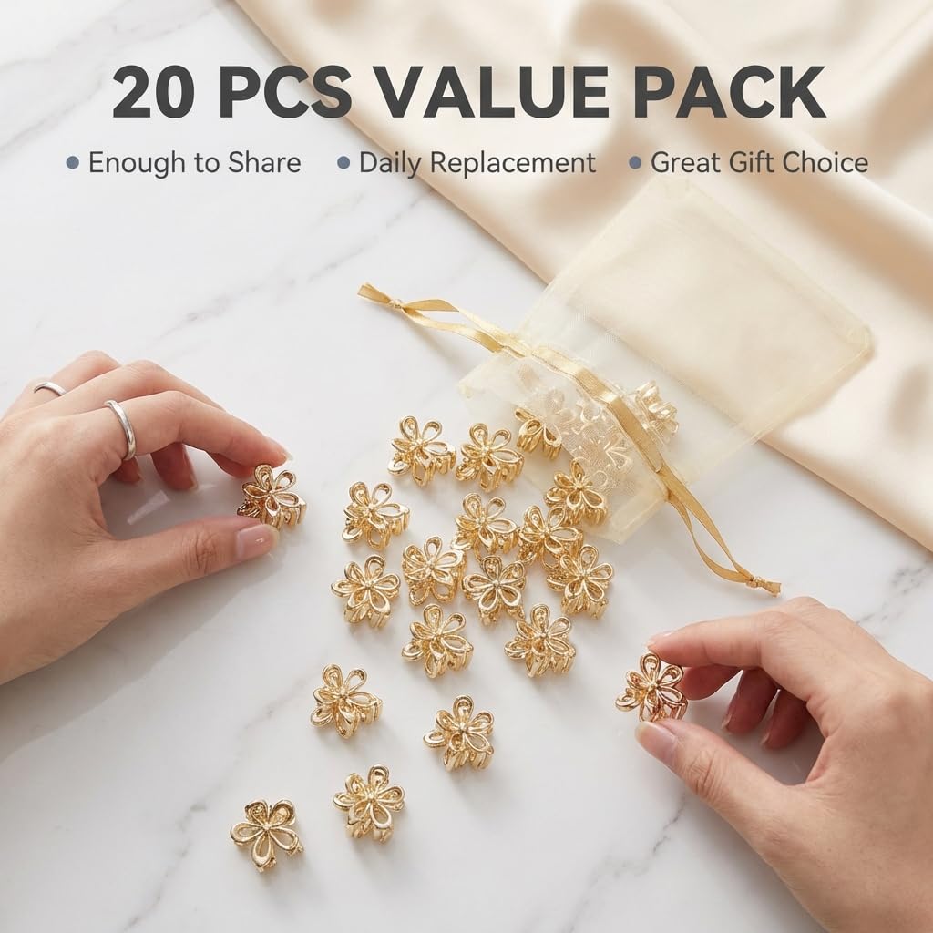 20 Pack Small Gold Flower Hair Clips for Women Girls, Tiny Metal Claw Clips with Sparkling Floral Design, Nonslip Bangs Accessories, Cute Floral Hair Decorations, Mini Christmas Holiday Gift Set - Image 6