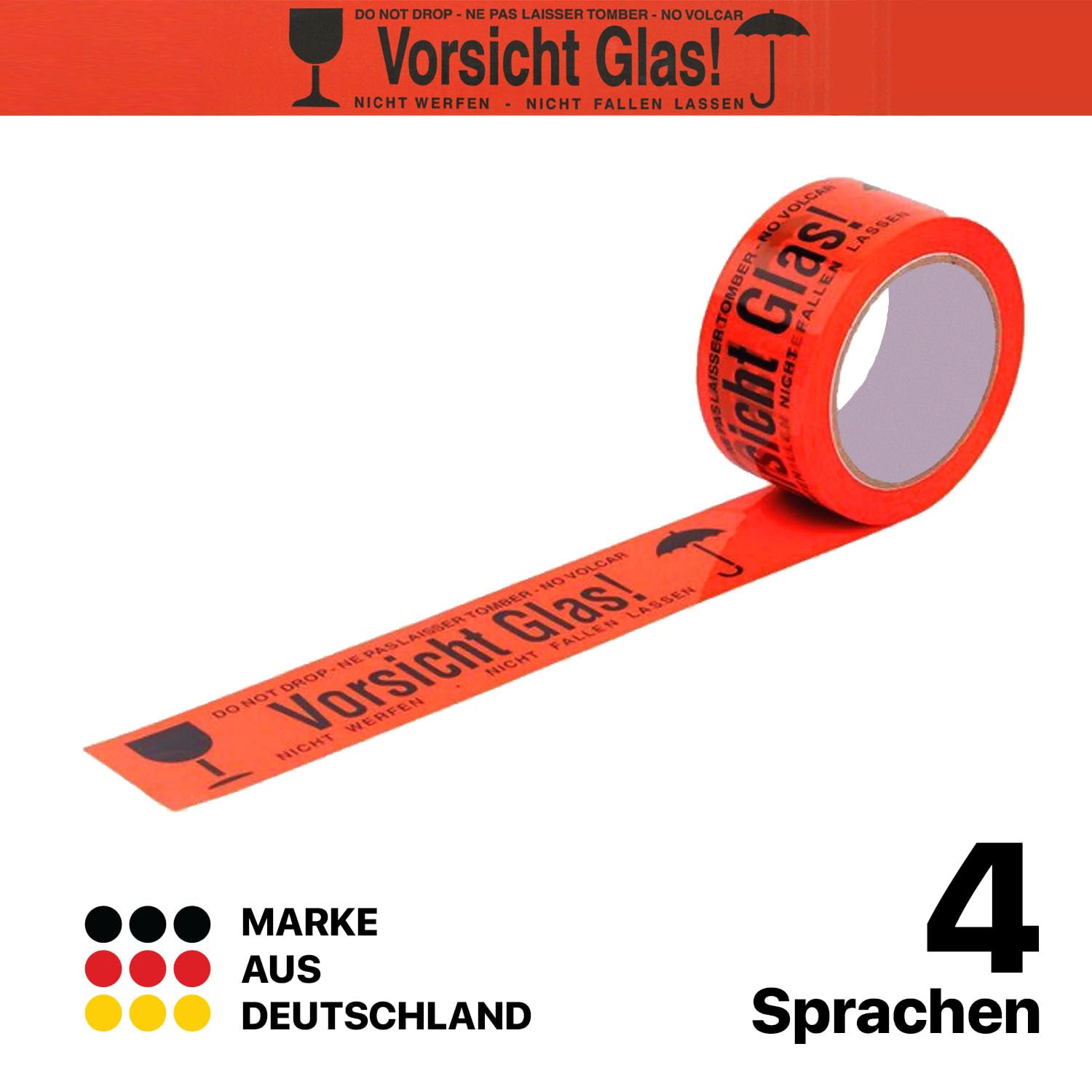 FYBR TAPEMAXX Vorsicht Glas 36 Rollen rotes Klebeband Achtung Bruchgefahr Caution Glass Fragile Paketband Zerbrechlich Warnung Packband Schwarz Piktogramm Paket (36 Rollen)