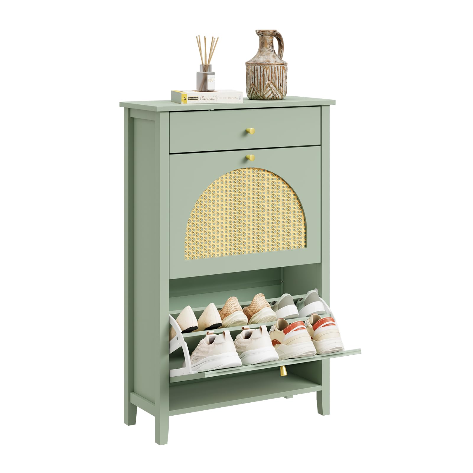 SoBuy Zapatero Estrecho - 2 Puertas 1 Cajón 62x25x97cm Entrada | Zapatero Recibidor MDF Con Puertas De Ratán, Cajón, Capacidad 8 Pares, Para Recibidor Pequeño, Verde Amarillo, FSR223-GR