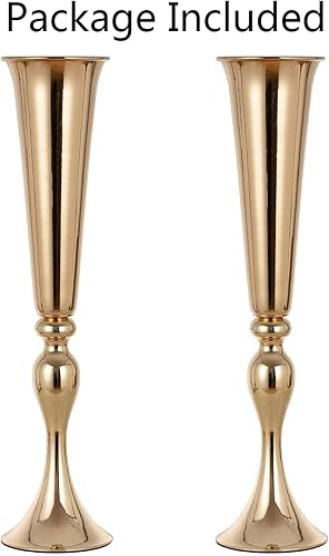 Miniatura 7 de Centros de mesa dorados para mesa de boda, 2 piezas de 21.9 pulgadas de alto, jarrón de trompeta de metal versátil para mesa, soporte de flores para