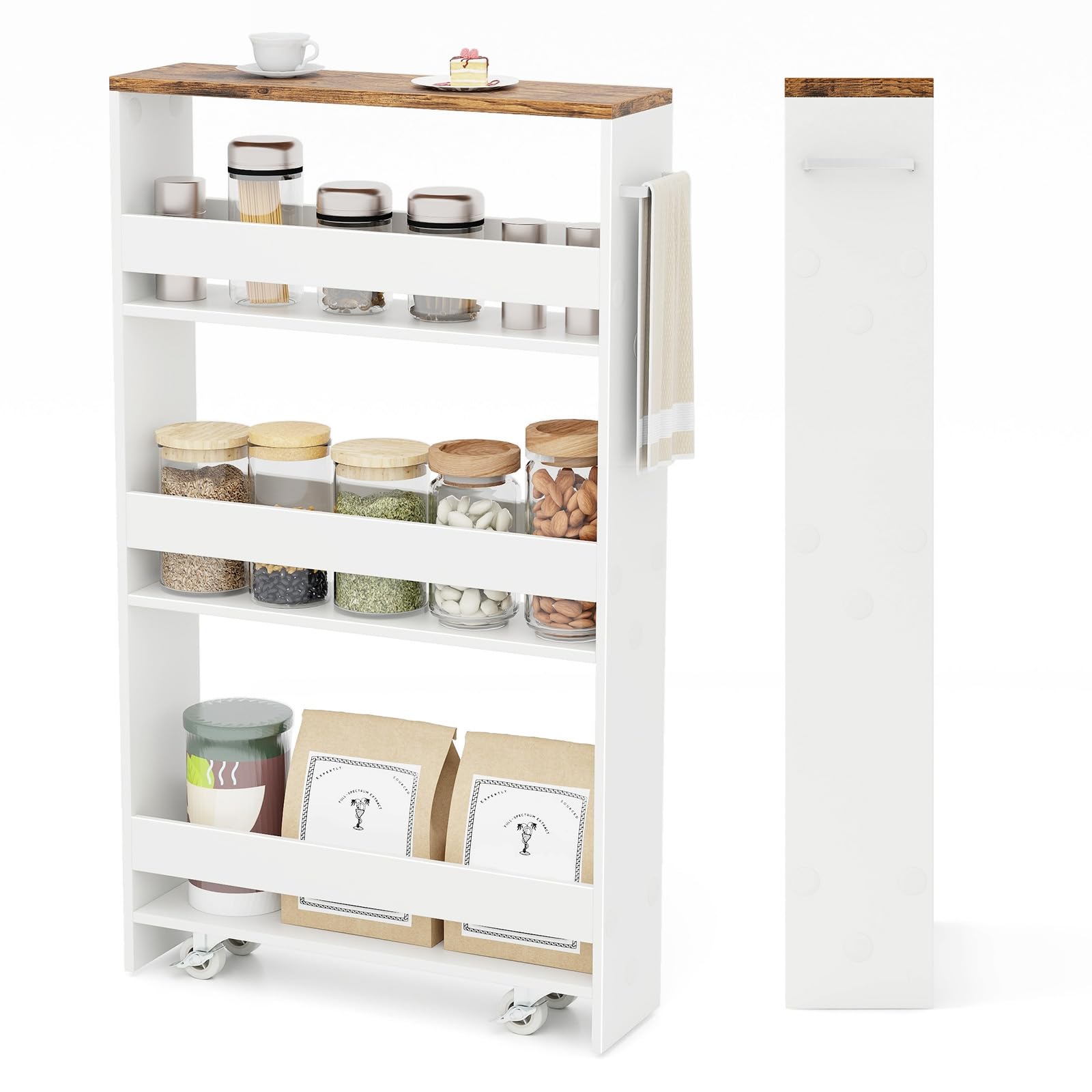 TANGZON 4-Tier Storage Trolley, Slide Out Slim Rolling Kitchen Cart with Wheels & Handle, Space-Saving Utility Shelving Unit for Living Room Laundry Narrow Place (47x13x80cm, White+Rustic Brown) โ image 1