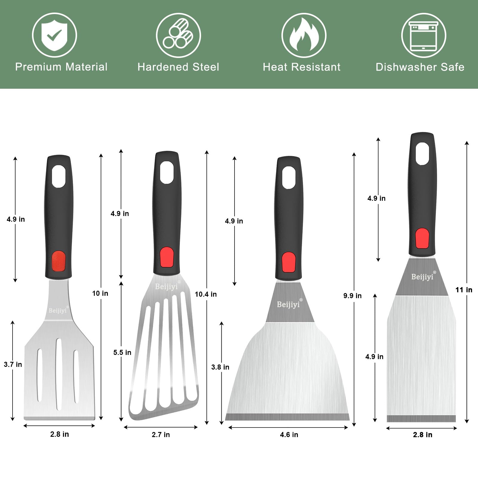 Beijiyi Juego de 4 espátulas de acero inoxidable, pequeñas espátulas de metal para uso en cocina, utensilios de cocina con mango de silicona, espátula para pescado, huevo, hamburguesa y espátula para