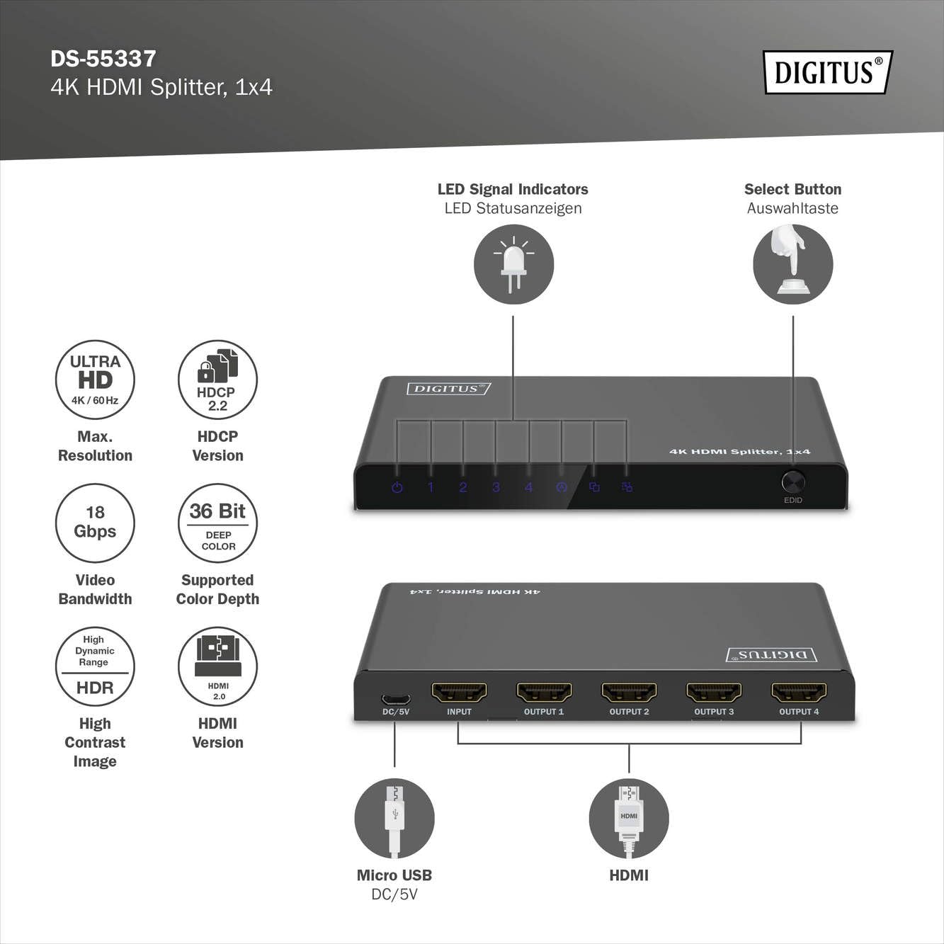 Digitus DS-55337 Splitter HDMI 1x4 4K UHD 60Hz HDCP 2.2 HDR